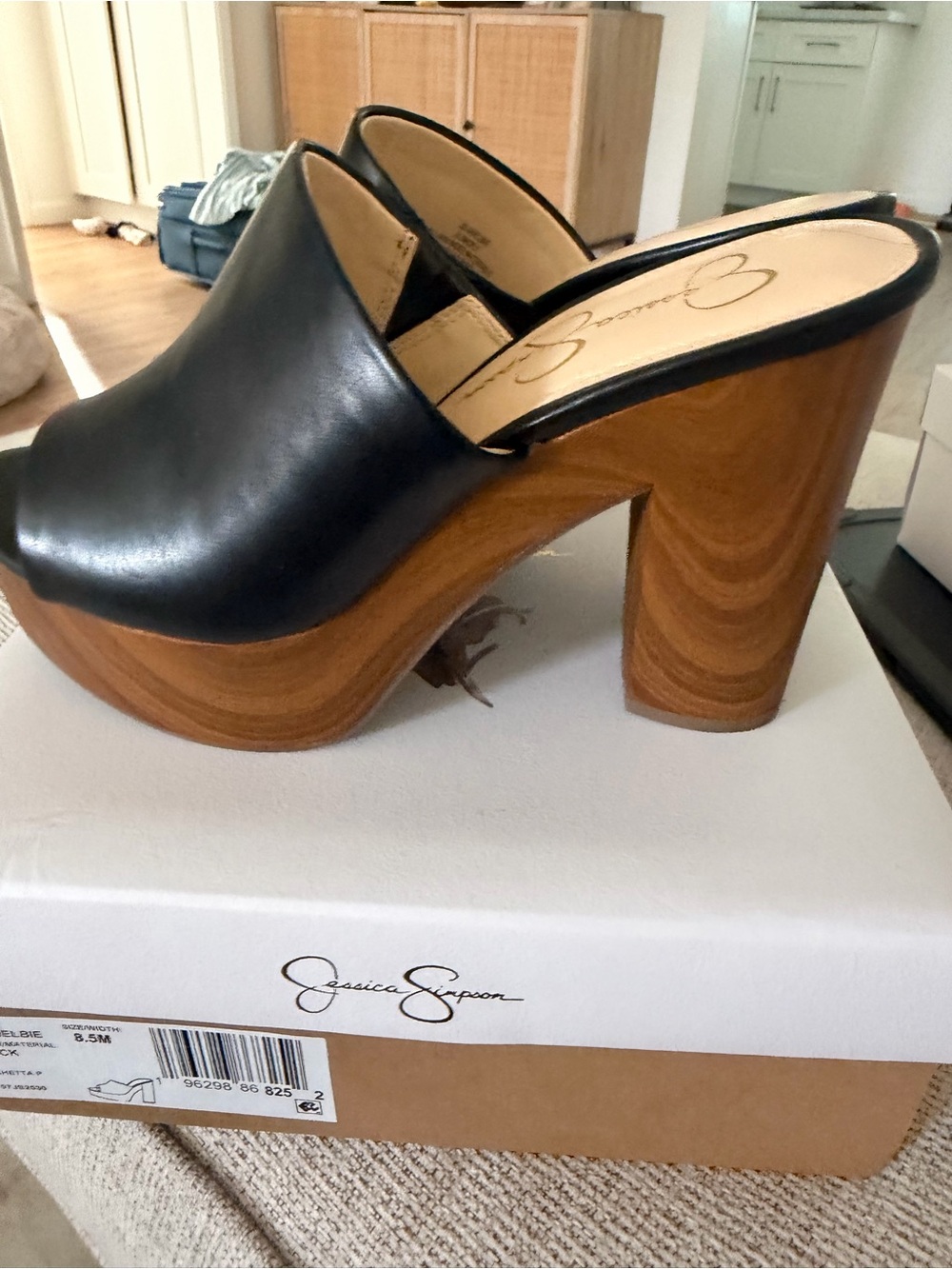 Jessica Simpson Black Leather Platform Clog with Wood-Look Heel